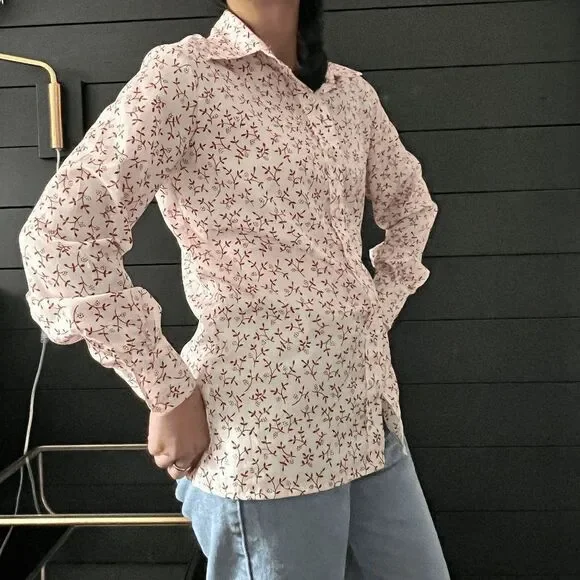 Vintage 1970s floral long sleeve button down blouse pretty secretary medium - Picture 5 of 9